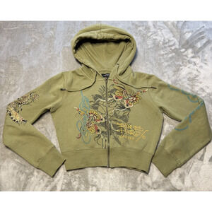 Ed Hardy Hoodie Womens Cropped Small Green Full Zip Y2K Butterfly Tattoo Graphic